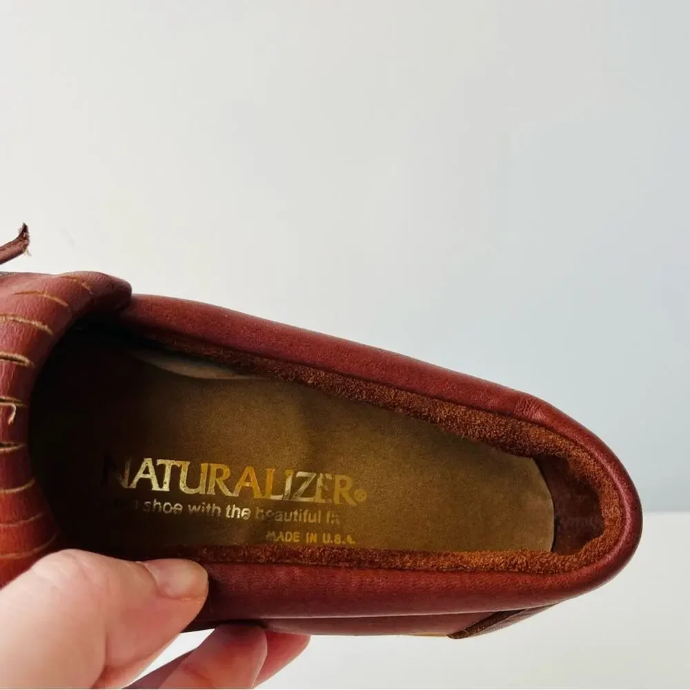 Vintage Red Brown Leather Fringe Moccasins Laced Wedge Rubber Sole Comfortable